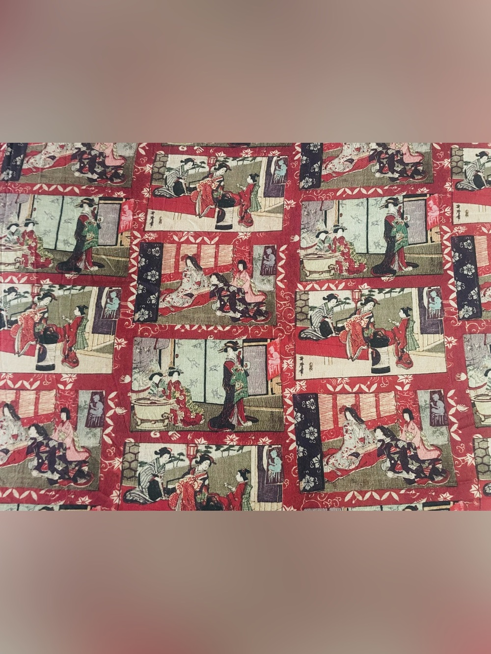 Japanese Duvet Geisha Scenes Ukiyo-e Style Cotton Red Black Green RARE Queen Sz